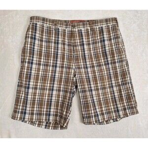 Perry Ellis Flat Front Plaid Shorts Brown Men's 40 Cotton Preppy 90's Summer